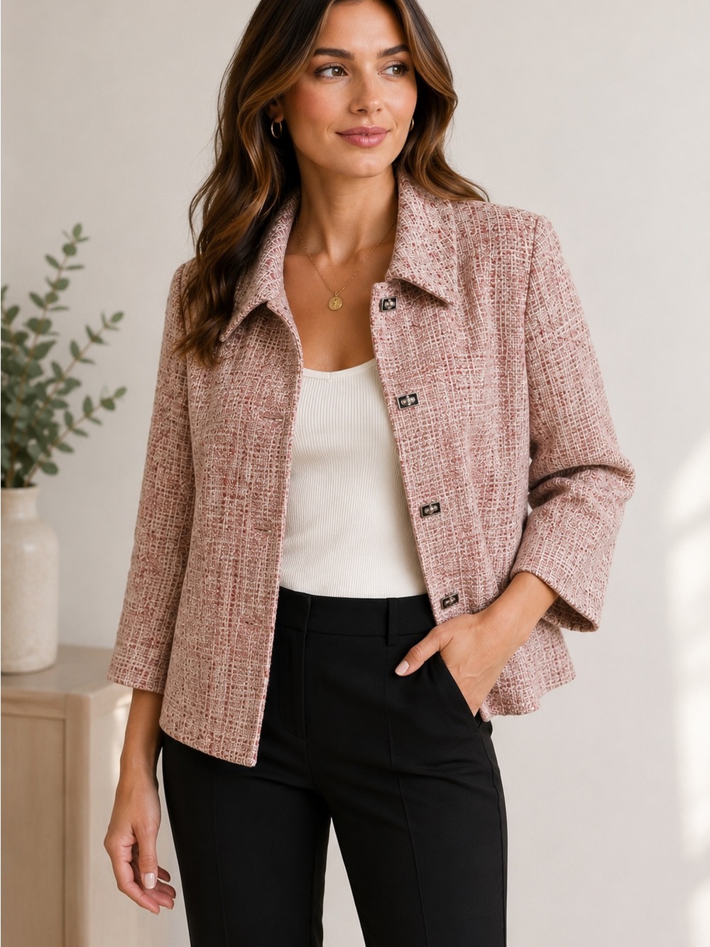 TanJay Blush Bouclé Collar Jacket in Soft Pink